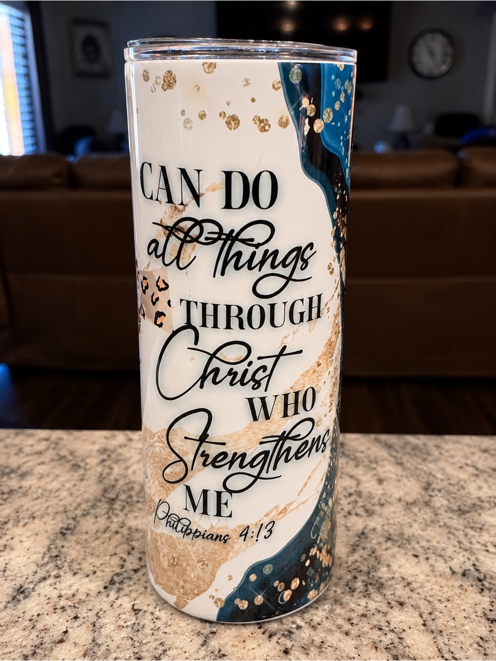 Christian Hand Crafted White and Gold Christian Scripture Travel Tumbler